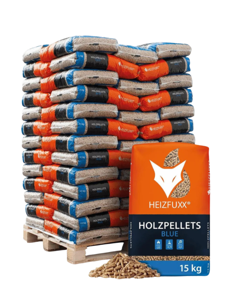 Palette de Pellets Bois Résineux Heizfuxx Bleus – 65 sacs de 15 kg (975 kg)