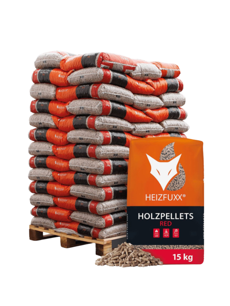 Palette de Pellets Bois Dur Heizfuxx Rouges – 65 sacs de 15 kg (975 kg)